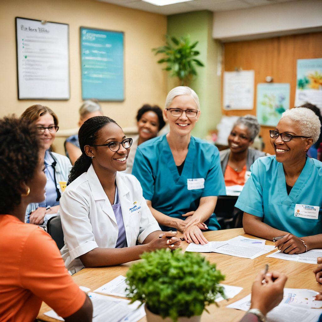 A diverse group of patients engaged in an educational workshop about cancer care, surrounded by supportive advocates. Visual elements should include informational materials like pamphlets and models, with bright, hopeful expressions on their faces. The setting should be a well-lit, inviting community center with plants and motivational posters on the walls. Incorporate soft colors to convey warmth and encouragement. super-realistic. vibrant colors. inviting atmosphere.