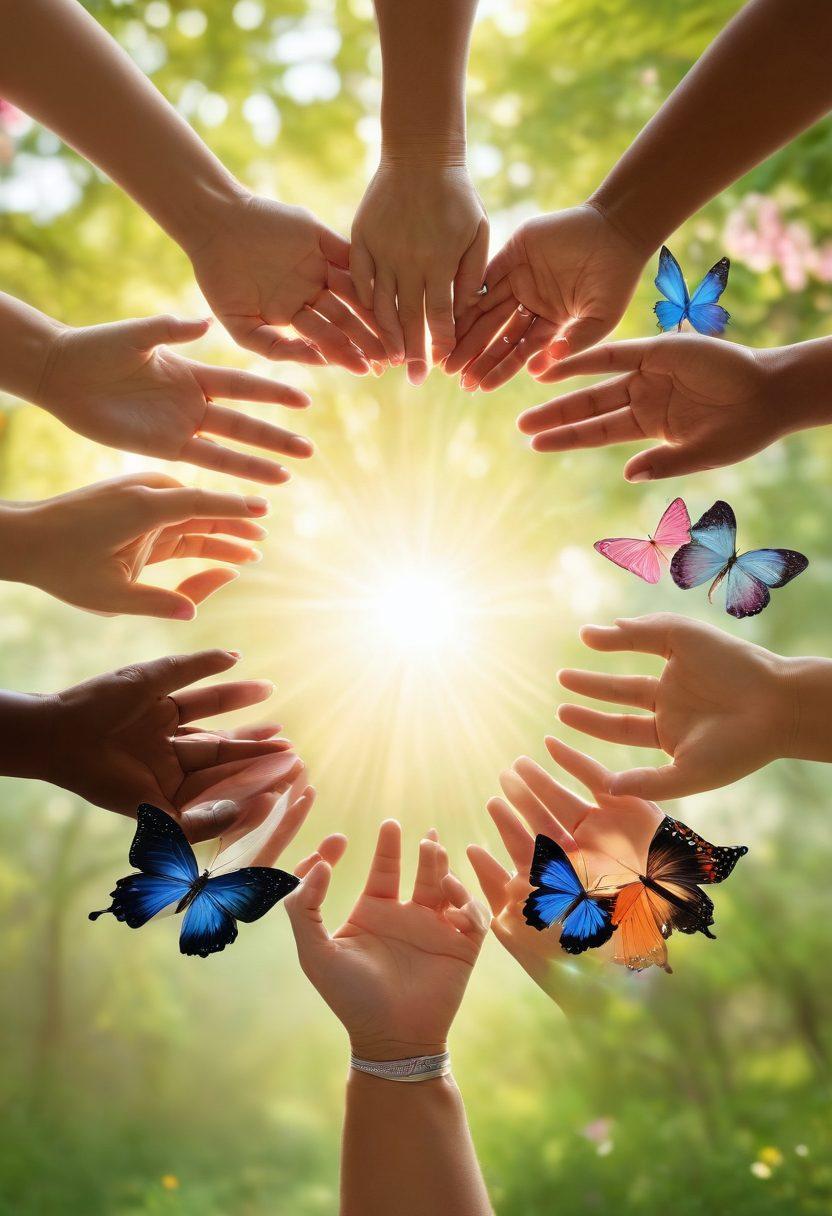 A vibrant collage depicting diverse individuals of various ages and backgrounds, united in a circle of support, with symbols of hope like ribbons and butterflies surrounding them. In the background, a serene landscape with blooming flowers and soft sunlight conveys warmth and healing. Infuse the scene with elements of cancer awareness, such as informative pamphlets and hands holding hearts. super-realistic. vibrant colors. soft focus.
