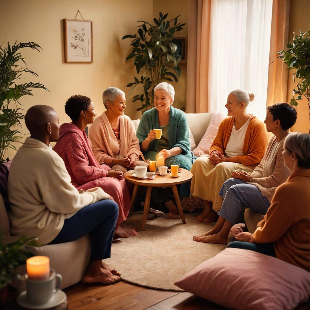 A diverse group of cancer patients and survivors of different ages and ethnicities sitting in a cozy circle, sharing stories and support, surrounded by warm lighting and plants. Include welcoming elements like cups of tea, comforting blankets, and supportive gestures such as hand-holding and smiles. Emphasize a sense of community and hope. super-realistic. vibrant colors. warm tones.